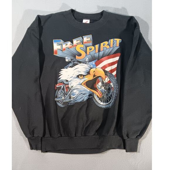 Vintage 80s Jerzees Free Spirit Eagle Motorcycle USA Sweatshirt L Biker Harley - Picture 1 of 6